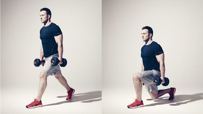 man doing dumbbell split squat exercise