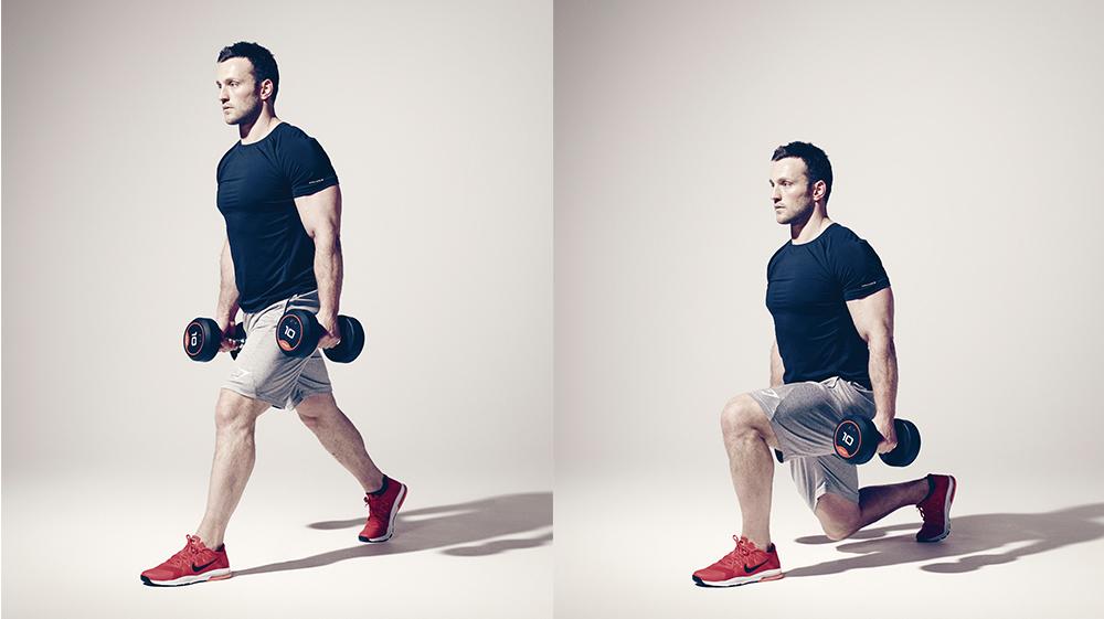 man doing dumbbell split squat exercise